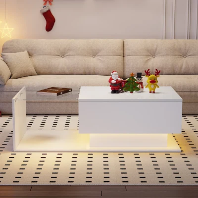 Table basse en finition brillante avec plateau en verre et éclairage LED, Blanc