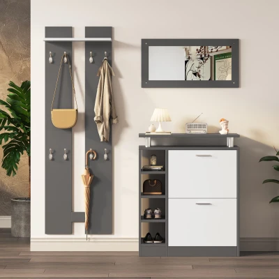 Ensemble de porte-manteaux mural avec miroir, Gris+Blanc