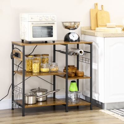HOMCOM Estante de Cozinha Estilo Industrial com Tomada Elétrica Prateleiras Ajustáveis Ganchos e Cesta Metálica 90x40x83 cm Marrom Rústico