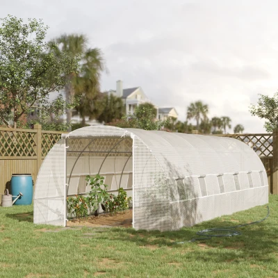 Outsunny Estufa Tipo Túnel 800x300x200cm com 12 Janelas e Porta Enrolável Cobertura de PE 140g/m² e Aço para Cultivo de Plantas Verduras Branco