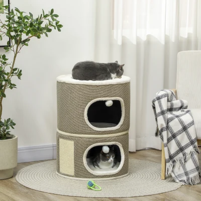 PawHut Kattenvat, 3 Niveaus met Kussens, Krabmat, Speelballen, Kattenhuis voor Binnengebruik, Bruin