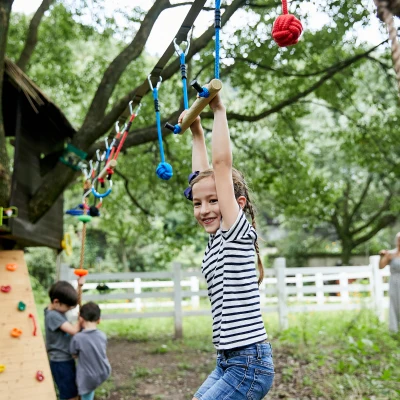 Outsunny Obstacle Course for Kids 46FT Slackline Kit with Rings Monkey Bars Fist Swing Climbing Rope Carry Bag Tree Protectors Training Equipment for Backyard