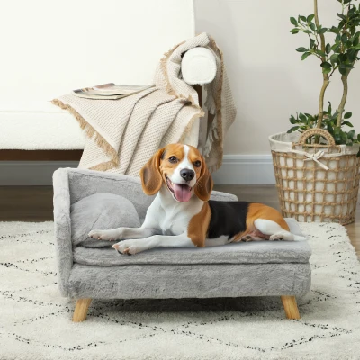 PawHut Hondensofa, Zacht Pluchen Bekleding, 2 Kussens, voor Honden tot 15 kg, 70 x 42,5 x 38,5 cm, Lichtgrijs