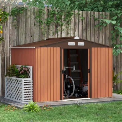 Outsunny 9 x 6FT Outdoor Garden Roofed Metal Storage Shed Tool Box with Foundation Ventilation & Doors, Yellow