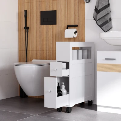 HOMCOM Armário Casa de Banho para Espaços Reduzidos com 4 Rodas Prateleira Aberta e Gavetas 16x52x71,5 cm Branco