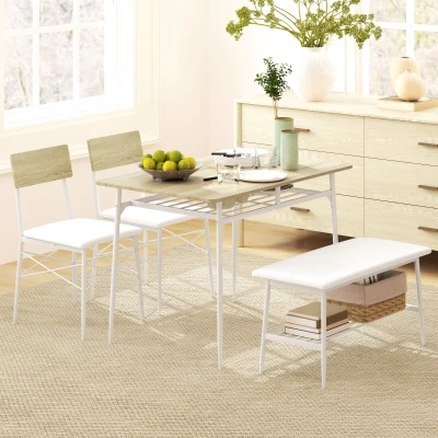 HOMCOM 4-delige Eettafelset met Stoelen en Bank voor 4 Personen, Gepolsterde Zittingen, Staalframe, Hout, Wit