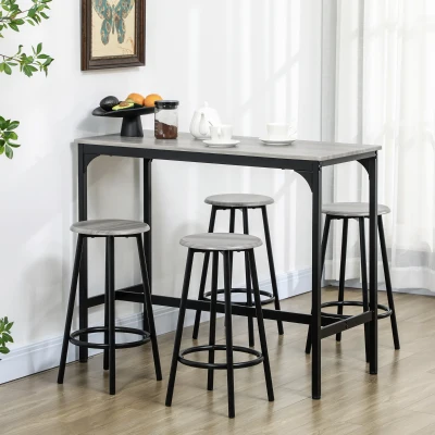HOMCOM Barset, 5-delig, Tafel & 4 Krukken, Industrieel Design, Compact, Rustiek