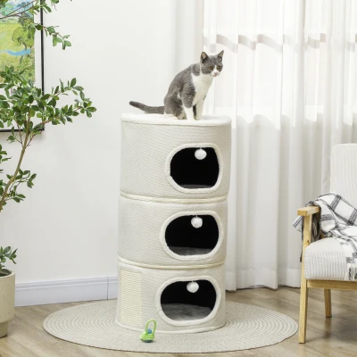 PawHut KattenKruiptunnel, 4 Niveaus, met Kussens, Krabmat, Speelballen, Kattenhuis voor Binnen, Beige