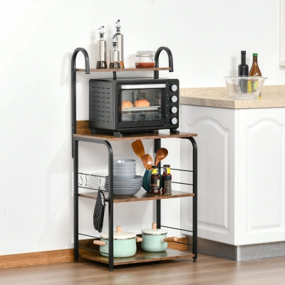 HOMCOM Estante de Cozinha Estante para Microondas com 4 Níveis Ganchos e Pés Ajustáveis Estante de Armazenamento 60x40x125 cm Marrom Rústico