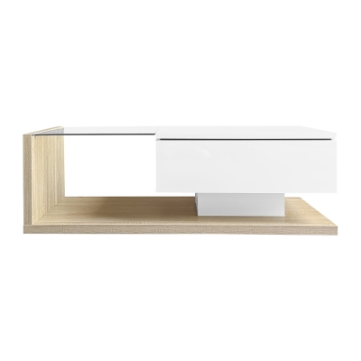 High Gloss Coffee Table with Glass Top and LED Lights, White+Natural