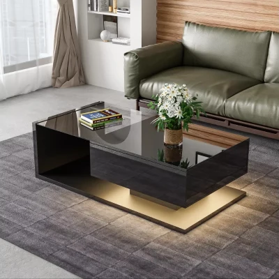 High-Gloss Coffee Table with Glass Top and LED Lights, Black
