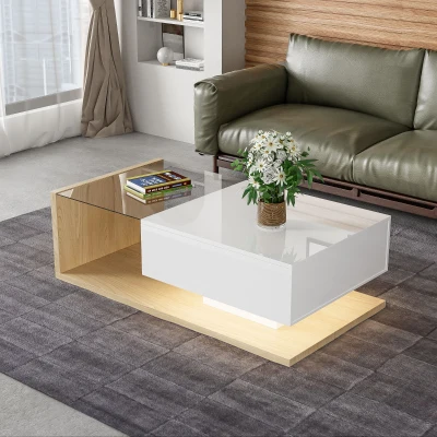 High Gloss Coffee Table with Glass Top and LED Lights, White+Natural