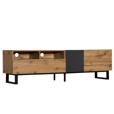 Meuble TV moderne scandinave avec veinures de bois et surface brillante, Noir