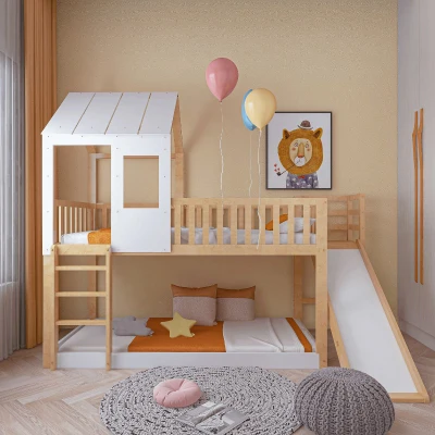 Letto a castello per bambini 6+ anni con scala ad angolo retto e scivolo, 200x90 cm,naturale