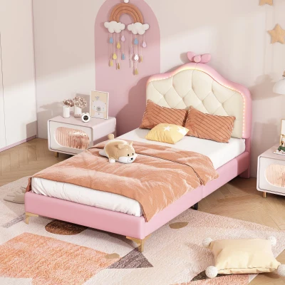 Letto imbottito con striscia LED e fiocco rosa, 90×200 cm,Bianco+Rosa