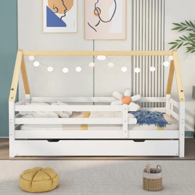 Letto a casetta con letto estraibile e ruote, 90x200&90x190 cm, Bianco