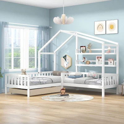 Letto per bambini con cassetti e scaffali, 90x200 cm+140x70 cm, Bianco
