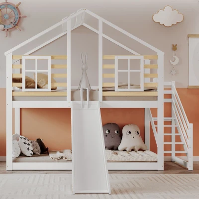 Letto a castello per bambini 6+ anni con scala e sponda, 90x200 cm, Bianco