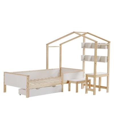 Letto per bambini a forma di casetta con cassetti e scaffali,90x200 cm,  Bianco