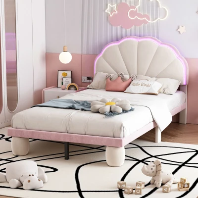 Letto imbottito con striscia LED e testiera ondulata,90×200 cm, Bianco+Rosa