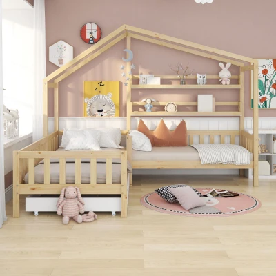 Letto per bambini a forma di casetta con cassetti e scaffali,90x200 cm + 140x70 cm,naturale