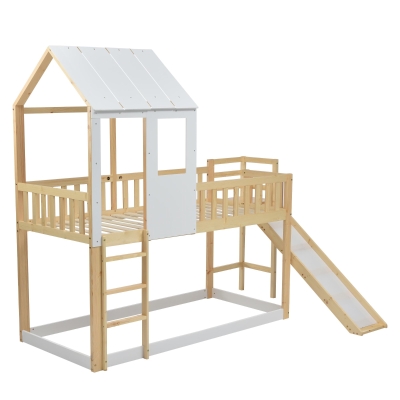 Letto a castello per bambini 6+ anni con scala ad angolo retto e scivolo, letto a casetta, 200x90 cm,naturale