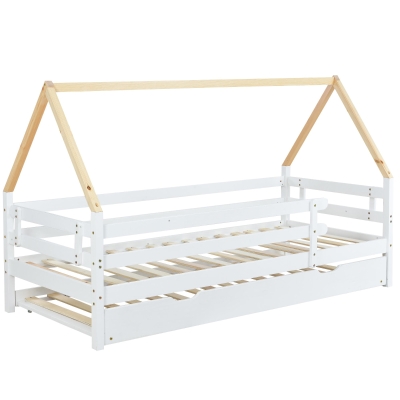 Letto a casetta con letto estraibile e ruote, 90x200&90x190 cm, Bianco