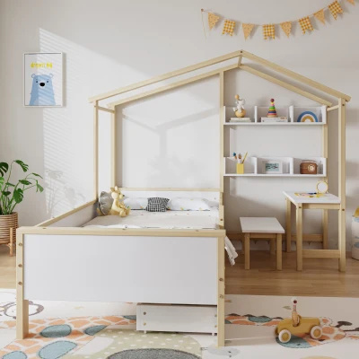 Letto per bambini a forma di casetta con cassetti e scaffali,90x200 cm,  Bianco