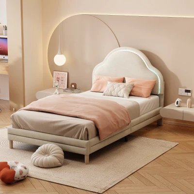 Letto imbottito con testiera a forma di nuvola e striscia LED, 90x200 cm,Bianco