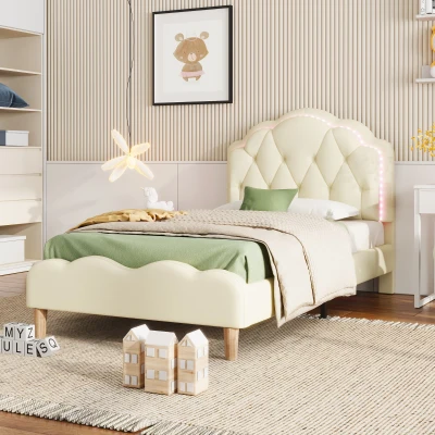 Letto imbottito con testiera ondulata e striscia LED, 90×200 cm, Bianco