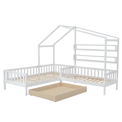 Letto per bambini con cassetti e scaffali, 90x200 cm+140x70 cm, Bianco