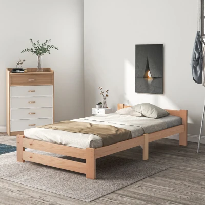 Letto in legno con testiera e rete a doghe,200x90 cm,naturale