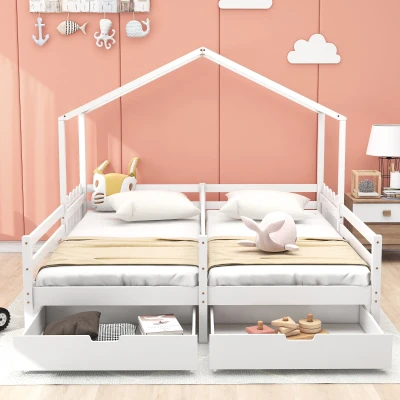 Letto a casetta con 2 cassetti su ruote, 200×90 cm, Bianco