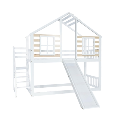 Letto a castello per bambini 6+ anni con scala e sponda, 90x200 cm, Bianco