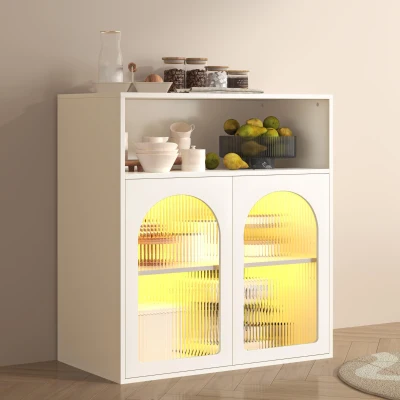 Buffet avec porte en verre et éclairage LED, Blanc
