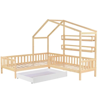 Letto per bambini a forma di casetta con cassetti e scaffali,90x200 cm + 140x70 cm,naturale