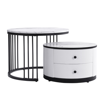High Gloss Nesting Coffee Table with Marble Pattern Top, White+Black
