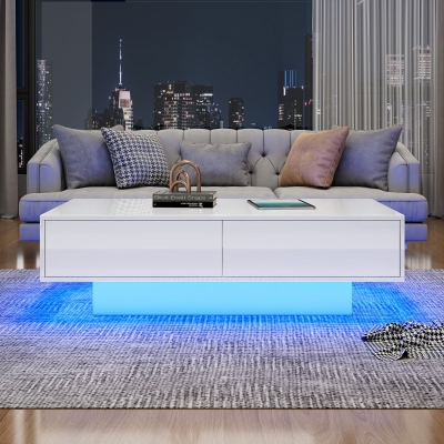 High Gloss LED Coffee Table with 2 Drawers and Bluetooth Control, White