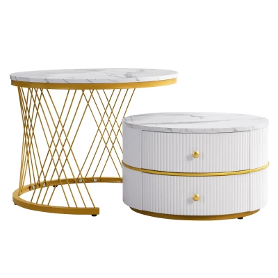 2 Piece High Gloss Round Nesting Coffee Table Set with Marble Top, Gold+White