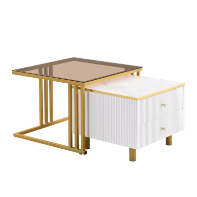 2 Piece Nesting Coffee Table with Marble Pattern and Modern Gold Design, Gold+White