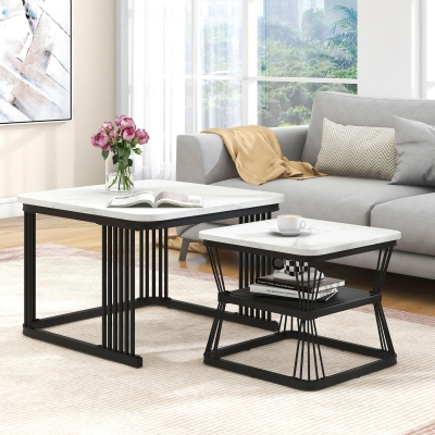 2 Pieces Multi-functional Coffee Tables with Metal Frame and Marble Pattern Top, White