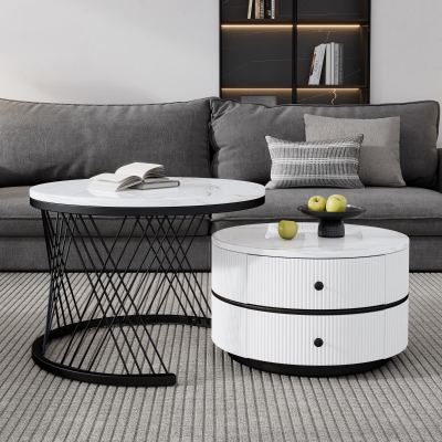 2 Piece High Gloss Nesting Table coffee with Marble-Effect Top, White+Black
