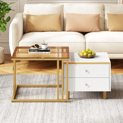 2 Piece Nesting Coffee Table with Marble Pattern and Modern Gold Design, Gold+White