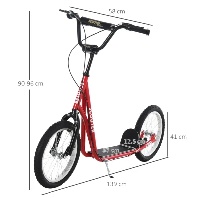 HOMCOM Youth Kids Kick Scooter Adjustable Handlebar Teens Ride On Toy For 5+ w/ Front and Rear Dual Brakes Inflatable Wheels-Red