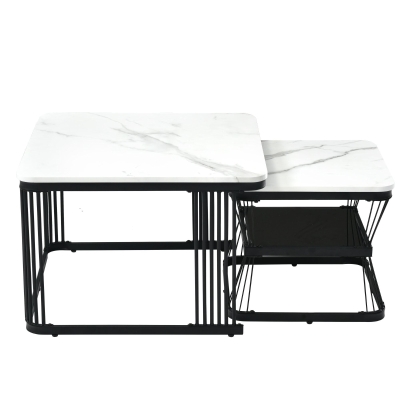 2 Pieces Multi-functional Coffee Tables with Metal Frame and Marble Pattern Top, White