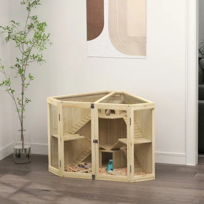 PawHut Hamsterkooi, 4-Laags Ontwerp, met Voederstation, Wip, Loopplank, Hutjes, 115 x 69,5 x 79 cm, Hout