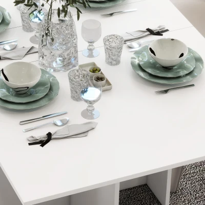HOMCOM Masă Pliabilă și Extensibilă pentru 4-6 Persoane cu 2 Rafturi și 2 Roți, din Lemn și Metal, 140x80x74 cm, Alb(m-7)