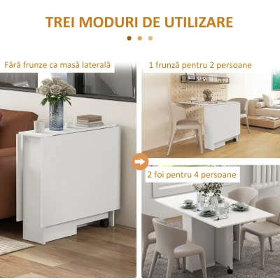 HOMCOM Masă Pliabilă și Extensibilă pentru 4-6 Persoane cu 2 Rafturi și 2 Roți, din Lemn și Metal, 140x80x74 cm, Alb(m-4)
