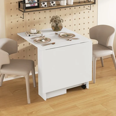 HOMCOM Masă Pliabilă și Extensibilă pentru 4-6 Persoane cu 2 Rafturi și 2 Roți, din Lemn și Metal, 140x80x74 cm, Alb(m-8)