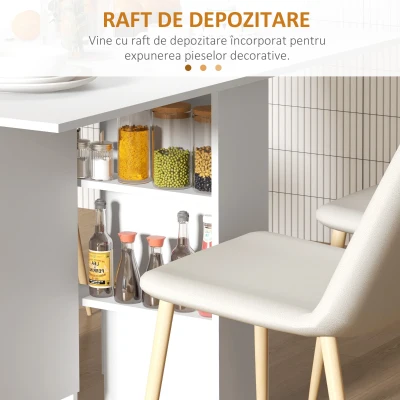 HOMCOM Masă Pliabilă și Extensibilă pentru 4-6 Persoane cu 2 Rafturi și 2 Roți, din Lemn și Metal, 140x80x74 cm, Alb(m-6)